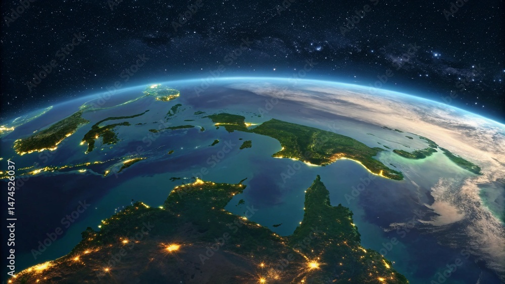 A stunning view of Earth from space, showcasing the illuminated cities of Australia and Southeast Asia at night transitioning to day, symbolizing global connectivity, urban development A stunning view of Earth from space, showcasing the illuminated cities of Australia and Southeast Asia at night transitioning to day, symbolizing global connectivity, urban development