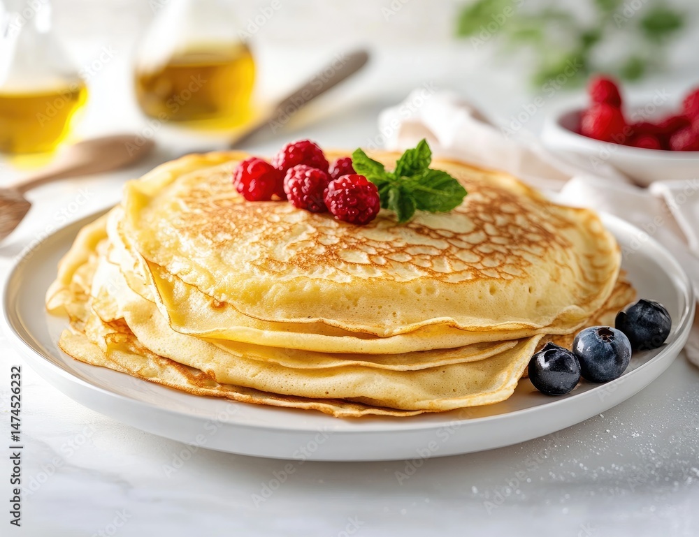 Stack of golden pancakes topped with fresh raspberries and blueberries Stack of golden pancakes topped with fresh raspberries and blueberries