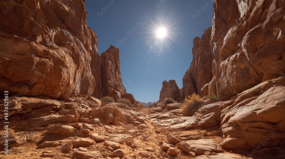 Fototapeta premium Majestic Desert Canyon Pathway Sunlit Rocks and Sandy Trail