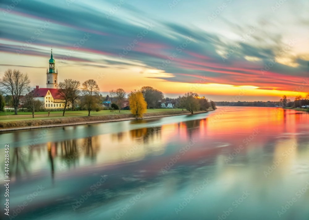 Fototapeta premium Long Exposure Elbe River at Torgau, Germany - Dramatic Sunset Landscape Photography