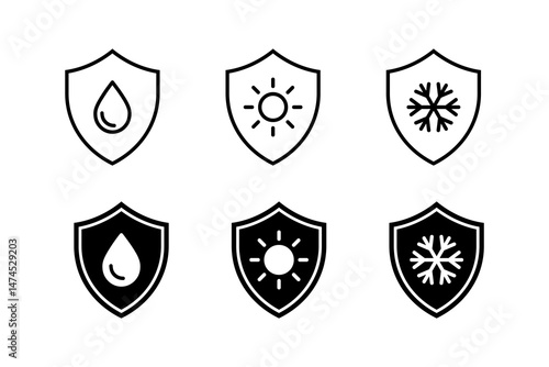 Waterproof, sun protect, frost protect icon. Frost resistance and water resistance icons. Shield sign vector illustration