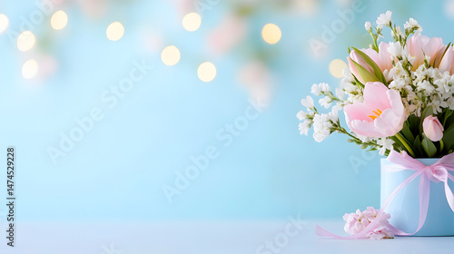 Beautiful bouquet of pink tulips and white flowers in a vase with soft bokeh background creating a serene and elegant atmosphere. Seletive focus