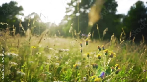 Sunlit Summer Meadow with Wildflowers and Tall Grass – Cinematic Nature Footage 4K UHD
