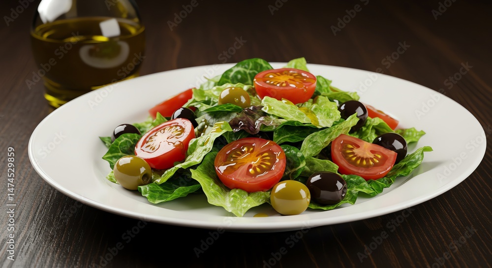 Salad with Tomato and Olives on White Plate Salad with Tomato and Olives on White Plate