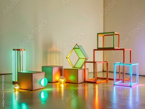 Low Light 3D Abstract Background, Glowing Neon Shapes, Dark Cyberpunk Scene