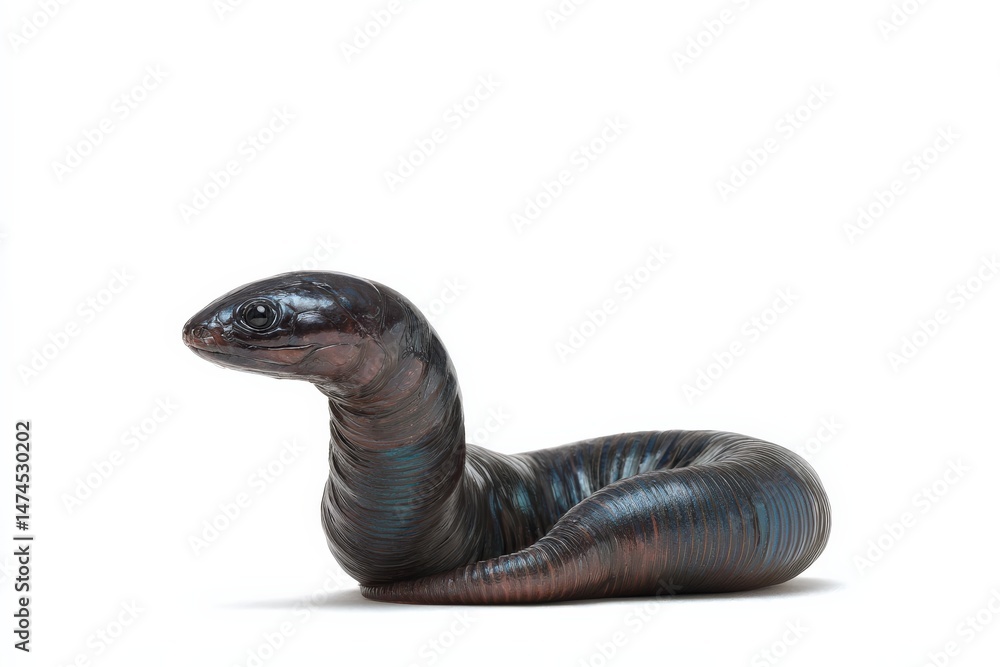 Obraz premium A dark, segmented amphibian with a long neck, posing against a stark white background.