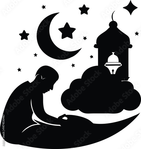 Silhouette of a Person Praying at Night Under a Crescent Moon and Stars near a Mosque