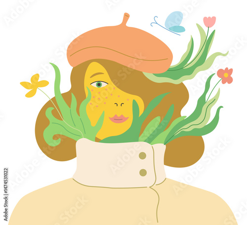 colored female with blooming flowers in doodle style in vector. Element for poster sticker design logo decoration prints postcards