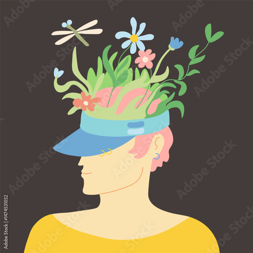 colored female with blooming flowers in doodle style in vector. Element for poster sticker design logo decoration prints postcards