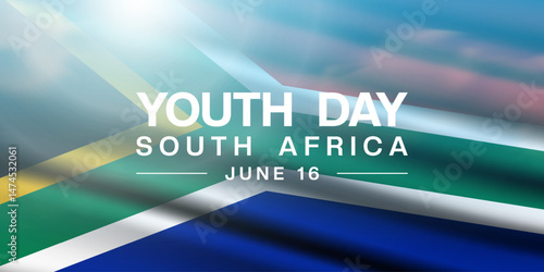 Happy Youth Day South Africa. South Africa flag, sun and cloud. Great for posters, banners, social media and more. Blue sky background. 