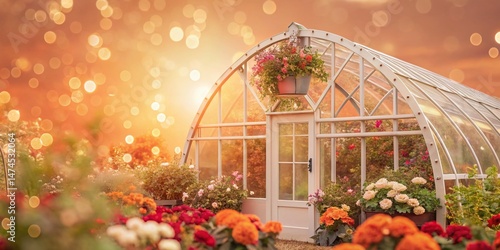 Lush Garden Arch Greenhouse with Bokeh, Romantic Backdrop, Floral Paradise