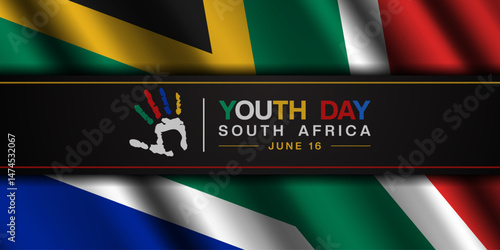Happy Youth Day South Africa. South Africa flag, hand and youth. Great for posters, banners, social media and more. Black background. 