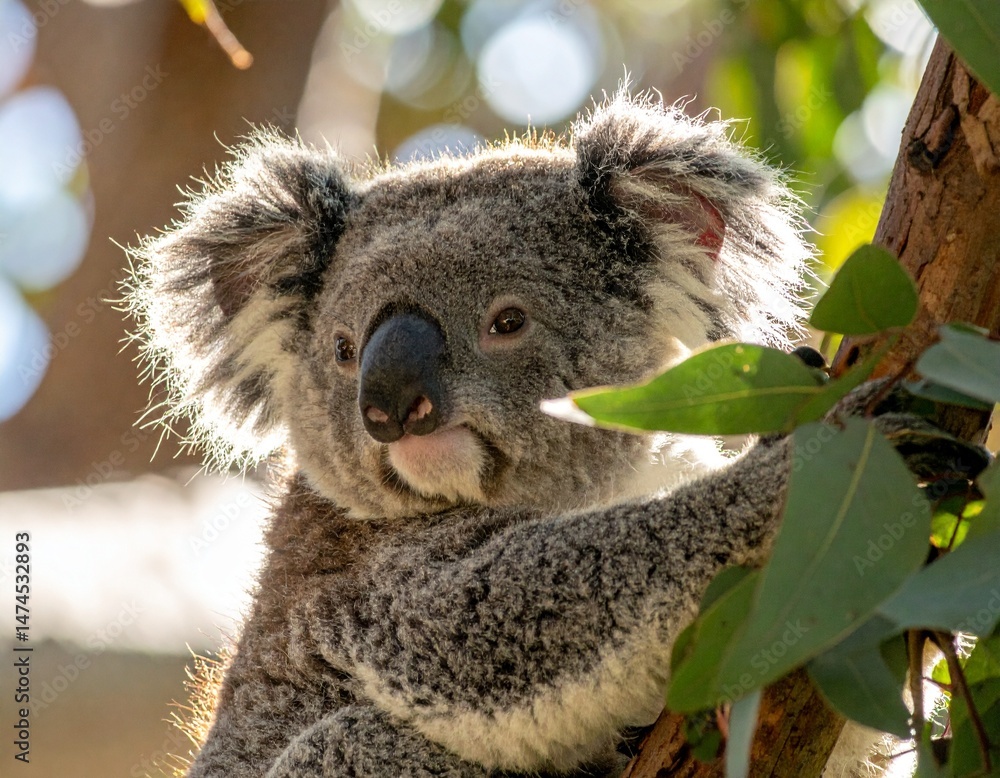 Fototapeta premium A close-up of a koala clinging to a eucalyptus tree, with soft natural backlight 