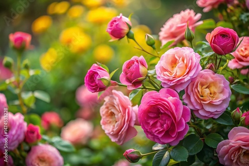 Lush Pink Rose Bush in Full Bloom, Abundant Flowers and Buds, Copy Space