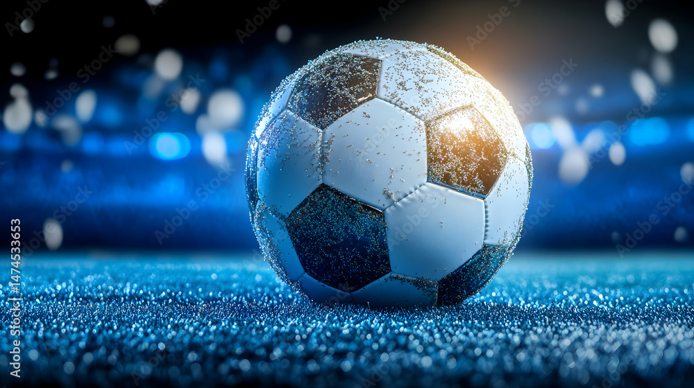 Fototapeta premium Mud-splattered soccer ball rests on a blue field under stadium lights