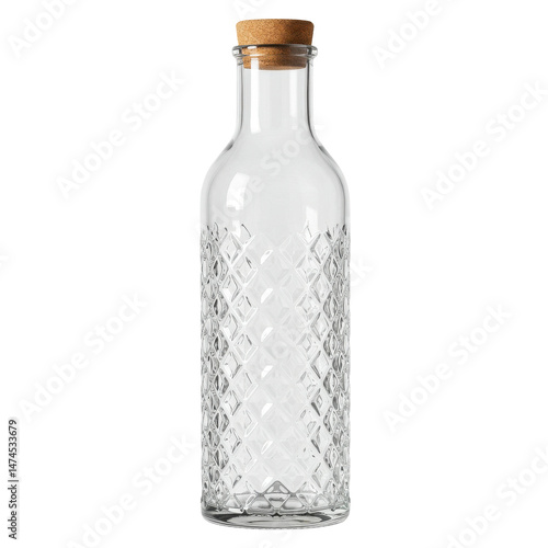 Elegant glass bottle with a decorative diamond pattern and cork stopper isolated on black