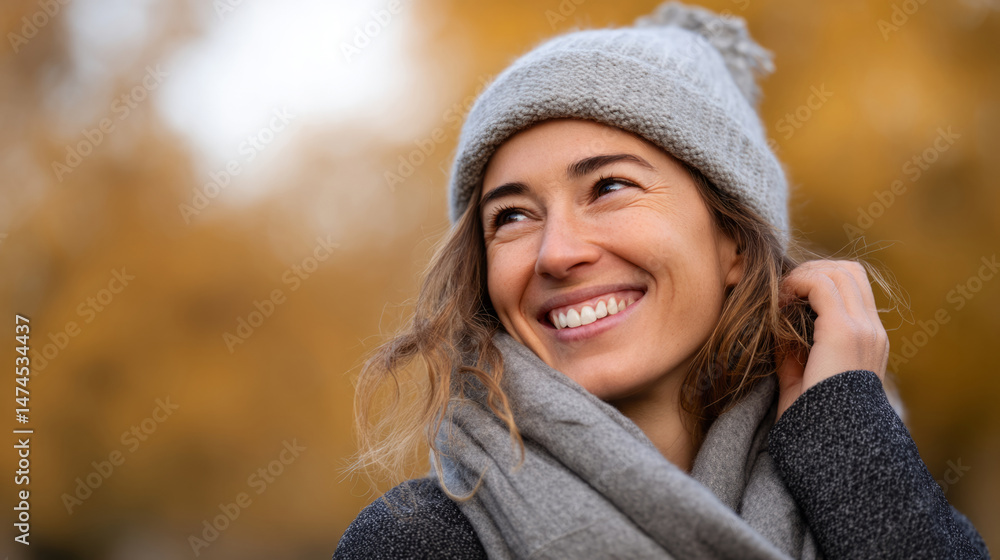 Joyful woman in cozy scarf and beanie enjoying autumn outdoors Joyful woman in cozy scarf and beanie enjoying autumn outdoors