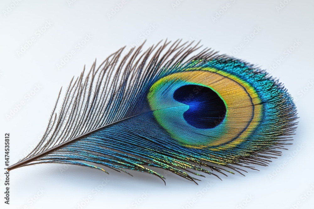 Fototapeta premium Peacock feather with iridescent emerald and sapphire shimmer, soft radiant glow, macro texture, floating in air, spiritual animal symbolism, isolated on white background, symbolic feather set