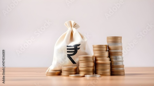 A money bag with the Indian Rupee symbol and stacks of coins placed on a wooden surface, symbolizing wealth, savings, and financial growth.