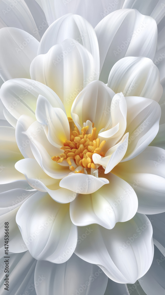 Fototapeta premium A digitally rendered close-up showcases the delicate beauty of a pristine white dahlia flower with a vibrant yellow center, creating a serene and elegant artwork.