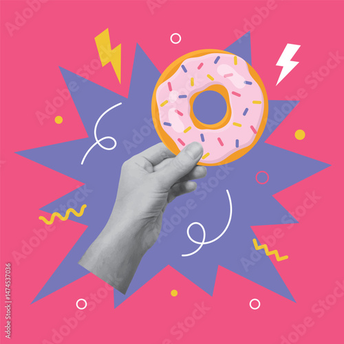 Collage design with hand holding donut with colorful background. Holiday, birthday, party concept. Vector illustration