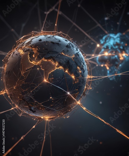 Abstract glowing network nodes and lines connecting across the globe , lines, data