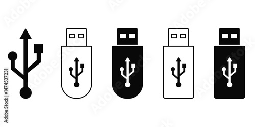 USB Flash Drive Icon Set – Vector Symbol of USB Stick, Flash Disk,
 and Storage Device Isolated on White Background