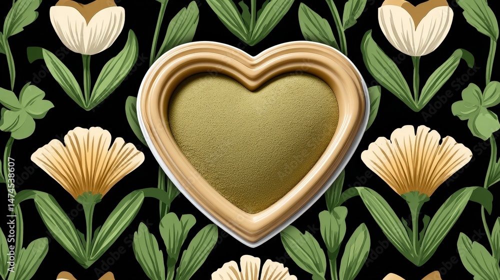 Obraz premium Heart-shaped container of green powder placed on floral patterned background design