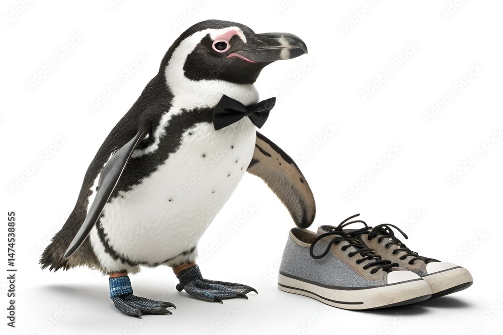 Fototapeta premium Realistic 3D Penguin in Bowtie and Oversized Shoes Winking