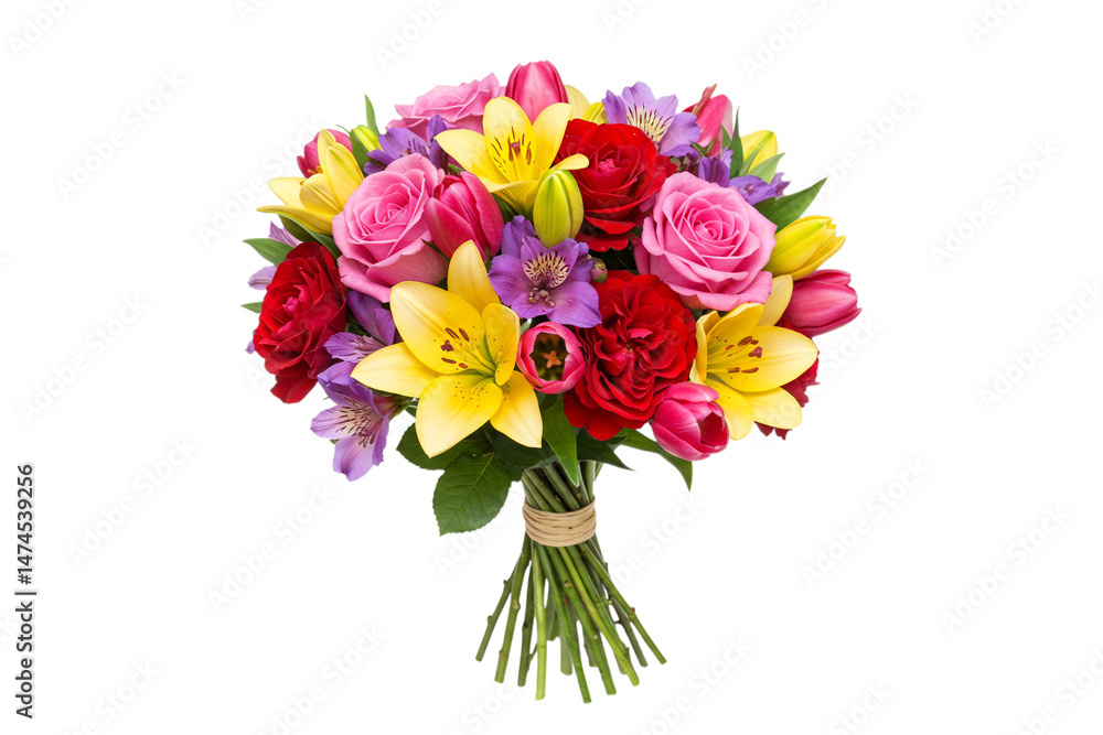 Colorful mixed flower bouquet with lily, rose, gerbera, daffodil, carnation isolated on white background. Vibrant floral arrangement studio shot, spring summer gift. Colorful mixed flower bouquet with lily, rose, gerbera, daffodil, carnation isolated on white background. Vibrant floral arrangement studio shot, spring summer gift.
