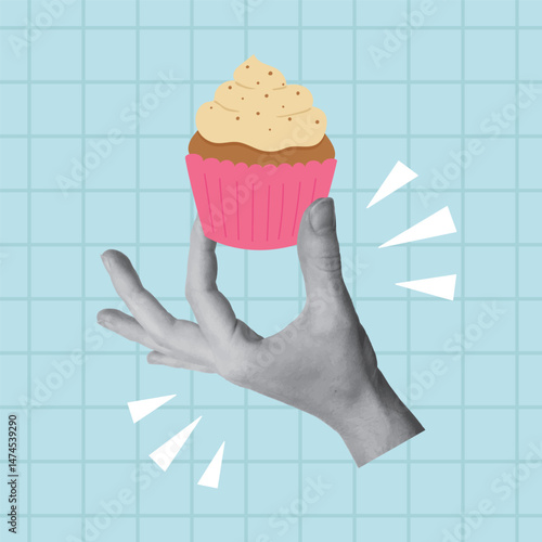 Collage design with hand holding cupcake with whipped cream on blue background. Holiday, birthday, party concept. Vector illustration