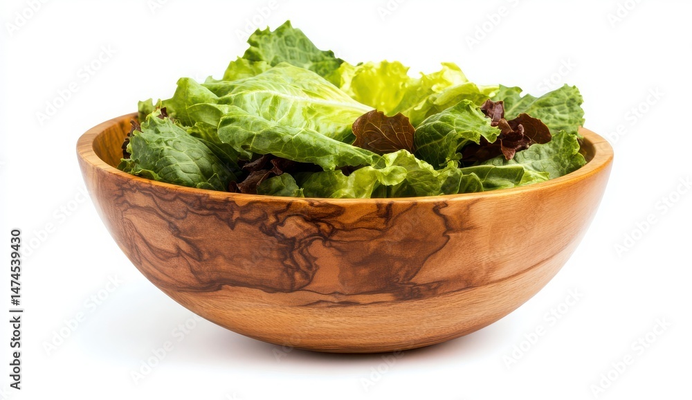 Fresh Green Salad In Rustic Wooden Bowl On White Background Fresh Green Salad In Rustic Wooden Bowl On White Background