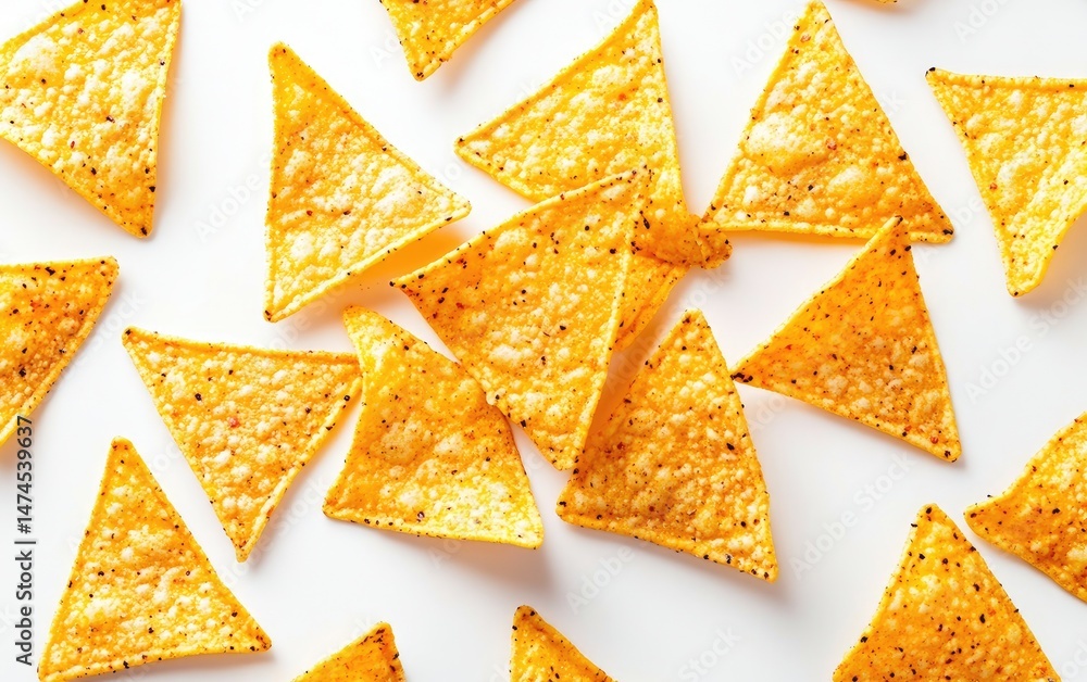 Crispy tortilla chips scattered on white background Crispy tortilla chips scattered on white background