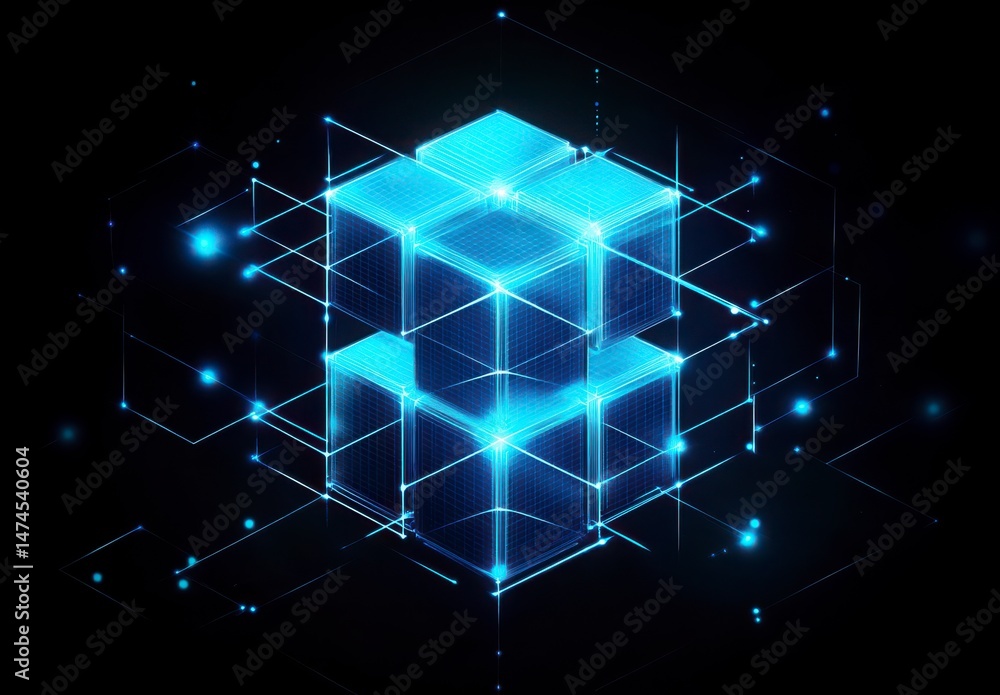 Obraz premium Glowing Blue Geometric Forms Digital Network Abstract 3D Rendering
