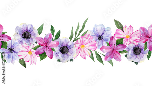 Pattern of pink and violet flowers, and leaves. Horizontal template for banner or wedding invitation. Watercolor botanical illustration with plants.