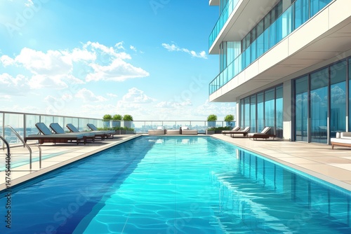 Modern Rooftop Swimming Pool with City View and Clear Blue Sky