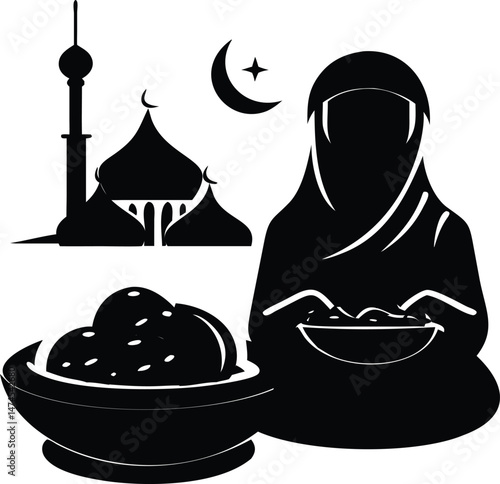Silhouette of Muslim Woman Eating with Mosque and Crescent Moon Background