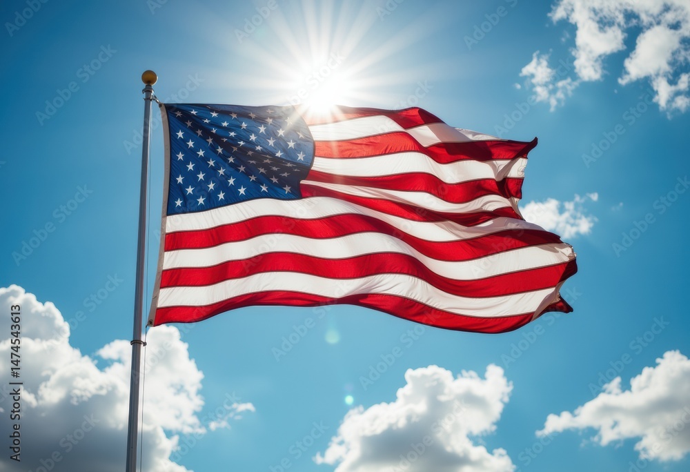 Fototapeta premium American flag waving against a bright blue sky with sun rays shining