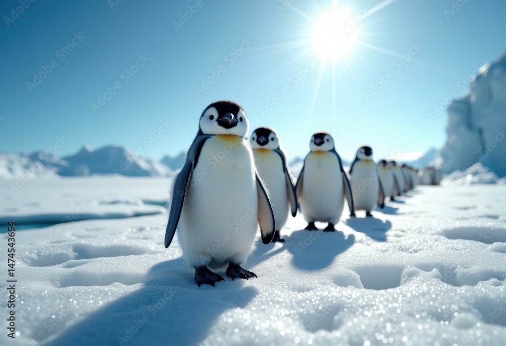 Obraz premium A group of adorable penguins walking on the icy landscape under the sun