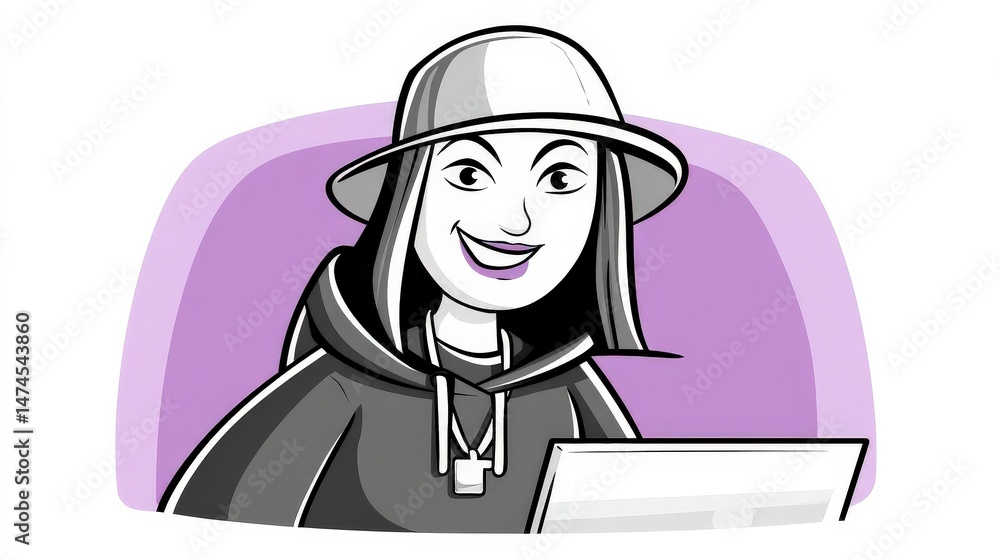 Obraz premium Young Woman with Hat Smiling while Working on Laptop in a Fun and Vibrant Setting