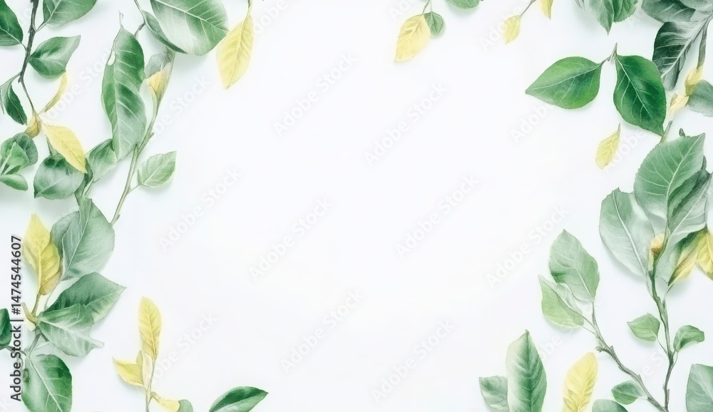 Fototapeta premium Green And Yellow Leaves Frame On White Background
