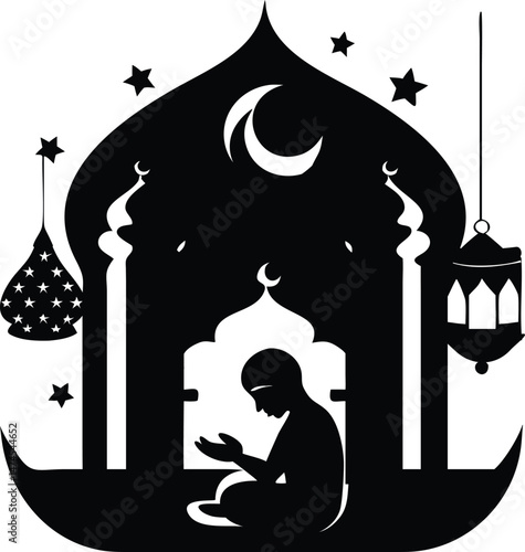 Silhouette of Muslim Person Praying in Mosque at Night with Crescent Moon and Stars