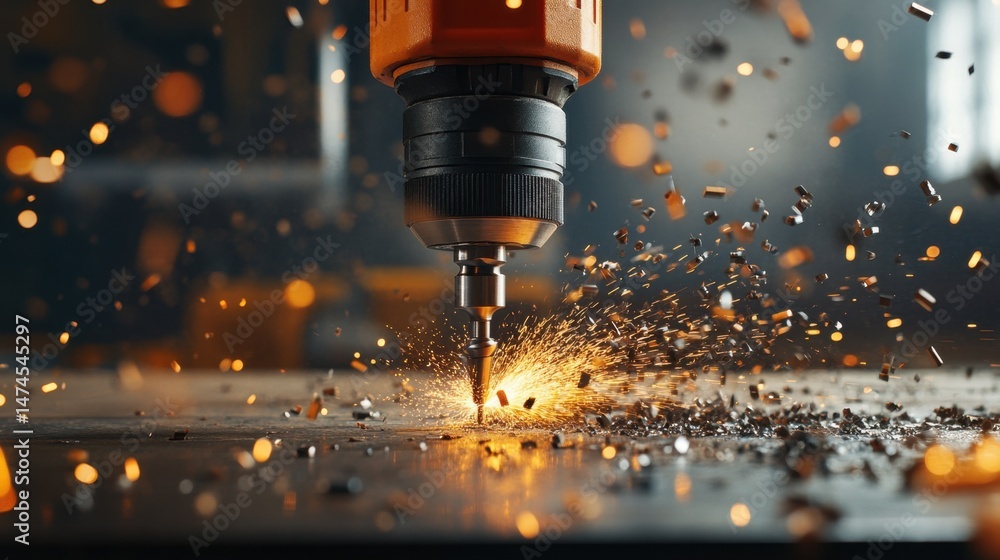 Power drill mid-operation with metal shavings spiraling from contact point Power drill mid-operation with metal shavings spiraling from contact point
