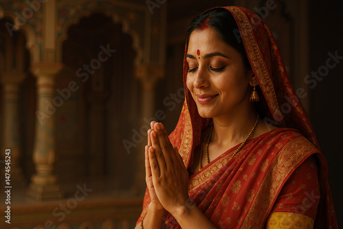 Portrait of serene Indian woman in red sari with bindi and joined hands, praying inside a temple, finding peace and spirituality