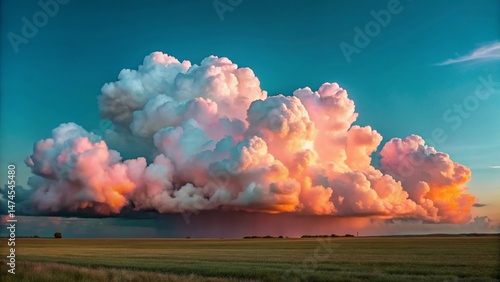 Majestic Cotton Candy Clouds Over Lush Green Landscape - Bright Daylight Stock Photo
