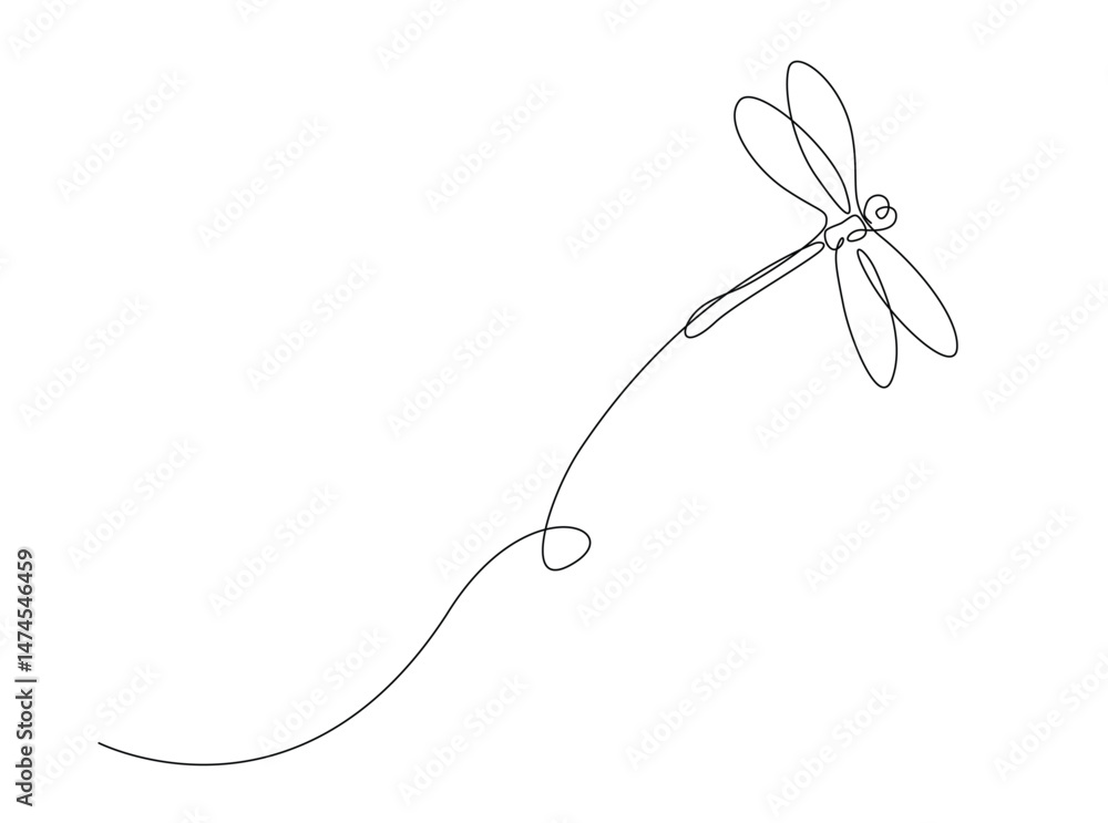 Fototapeta Flying dragonfly single outline illustration. Continuous line art drawing of dragonfly. Editable stroke.