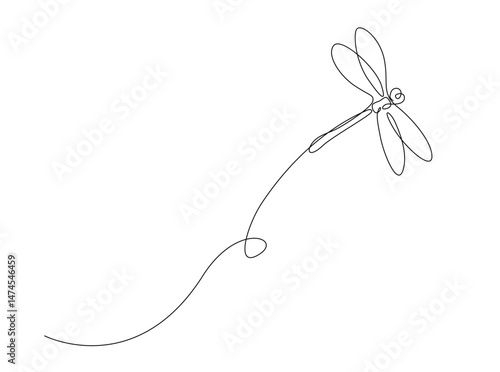 Flying dragonfly single outline illustration. Continuous line art drawing of dragonfly. Editable stroke.