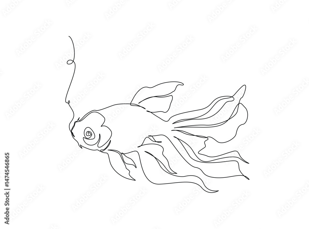Obraz premium Golden fish single outline illustration. Continuous line art drawing of fish. Editable stroke.