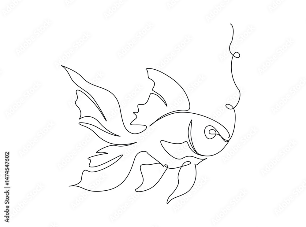 Naklejka premium Golden fish single outline illustration. Continuous line art drawing of fish. Editable stroke.