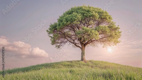 Majestic Lone Tree on Rolling Green Hill - Stunning Nature Landscape Photography